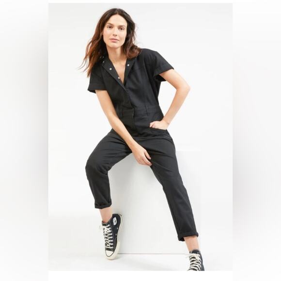NEW Outerknown Jenson Jumpsuit Size L Black Utility Snap Button Short Sleeve - Picture 3 of 14